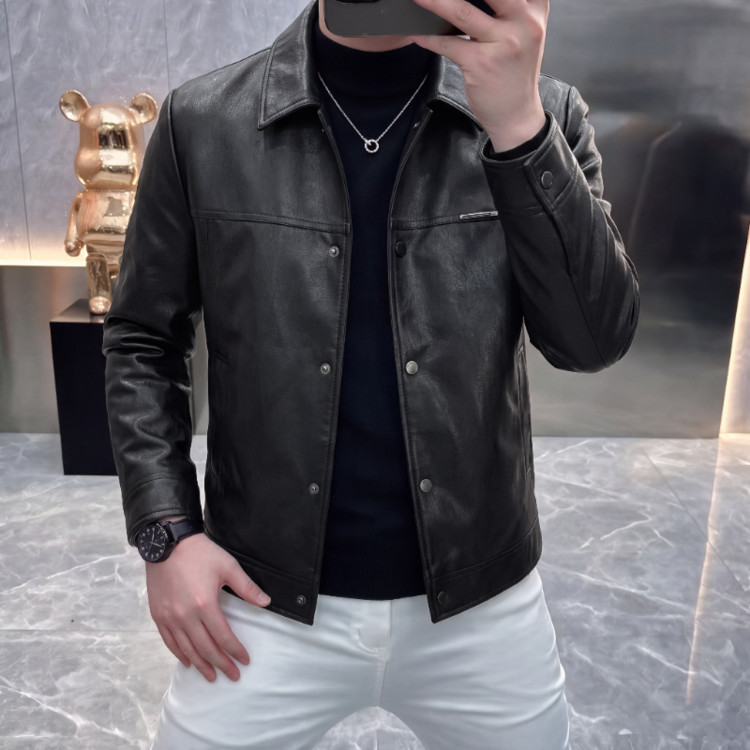 高端翻领羽绒皮衣羽绒服男短款冬季加厚保暖潮流中年男士纯色外套