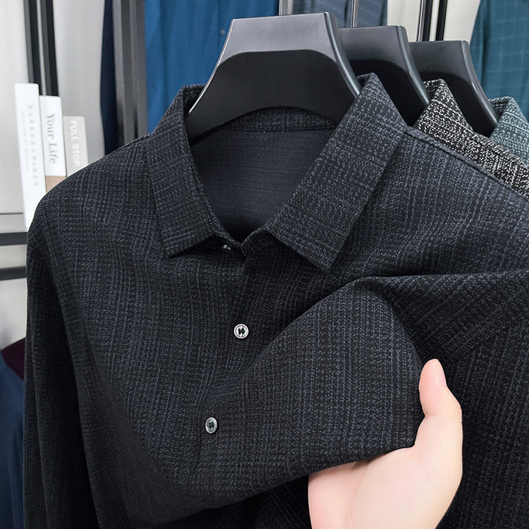 2025新款高级感提花衬衫男士长袖含羊毛休闲上衣宽松商务翻领潮流