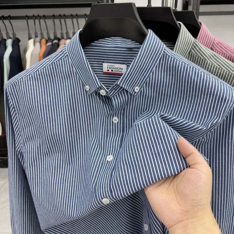 025新款春秋季中年男士长袖衬衫2商务休闲条纹衬衣男装上衣打底衫