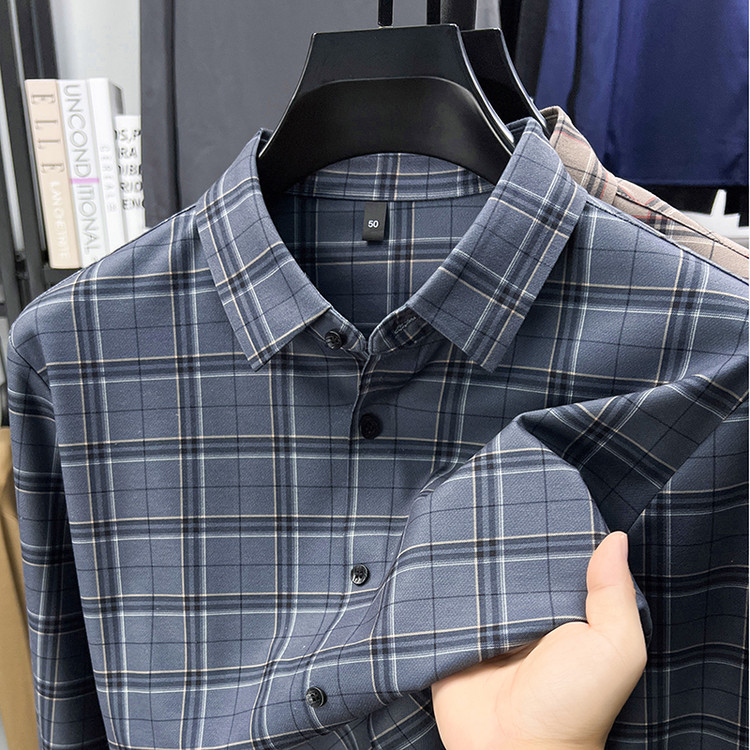 2025秋冬季新款男士长袖含羊毛衬衫透气格子衬衣中年休闲宽松寸衫