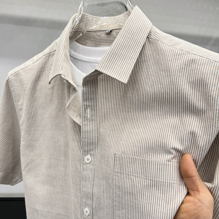 2025年夏季新款短袖衬衫100%纯棉中青年男士有口袋竖纹半袖衬衣潮