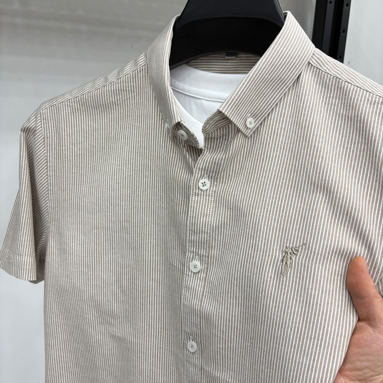 25年夏季中青年男士竖条纹衬衫刺绣短袖寸衣100%纯棉休闲衬衣男潮