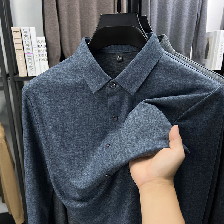 2025春秋新款高级感衬衫男士长袖含羊绒休闲宽松商务中年爸爸衬衣