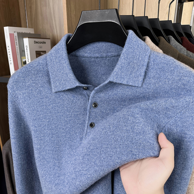 高档男士纯羊毛衫秋冬季新款翻领长袖纯色针织毛衣中年爸爸装上衣