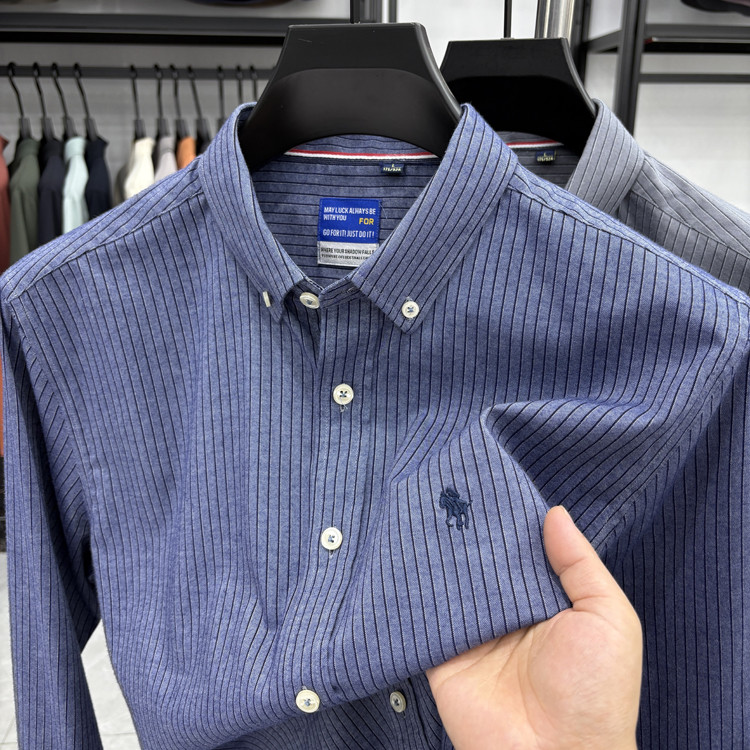 春秋新款纯棉长袖男装条纹翻领衬衫时尚休闲免烫上衣男士商务衬衣