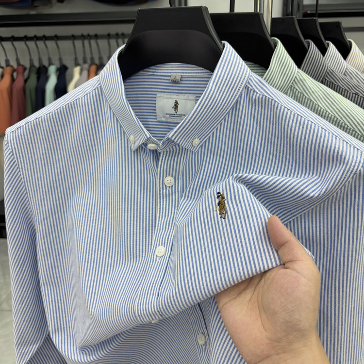 2025秋季新款中青年男士长袖衬衫100%纯棉竖条纹刺绣休闲潮流衬衣