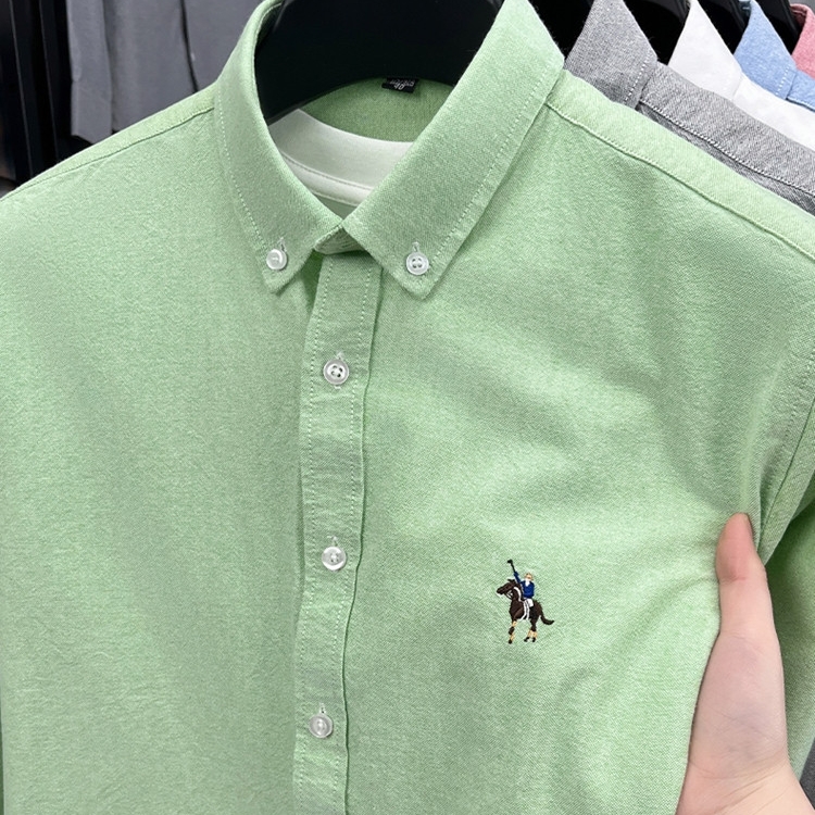 100%纯棉牛津纺男士衬衫中青年纯色刺绣宽松上衣商务休闲长袖衬衣