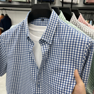 夏季新款男士棉质短袖衬衫休闲格子衬衣青年薄款上衣外套男款衣服