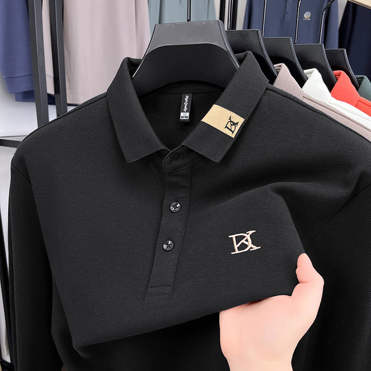 2025新款长绒棉男士长袖T恤翻领宽松刺绣POLO衫男装体恤打底衫潮