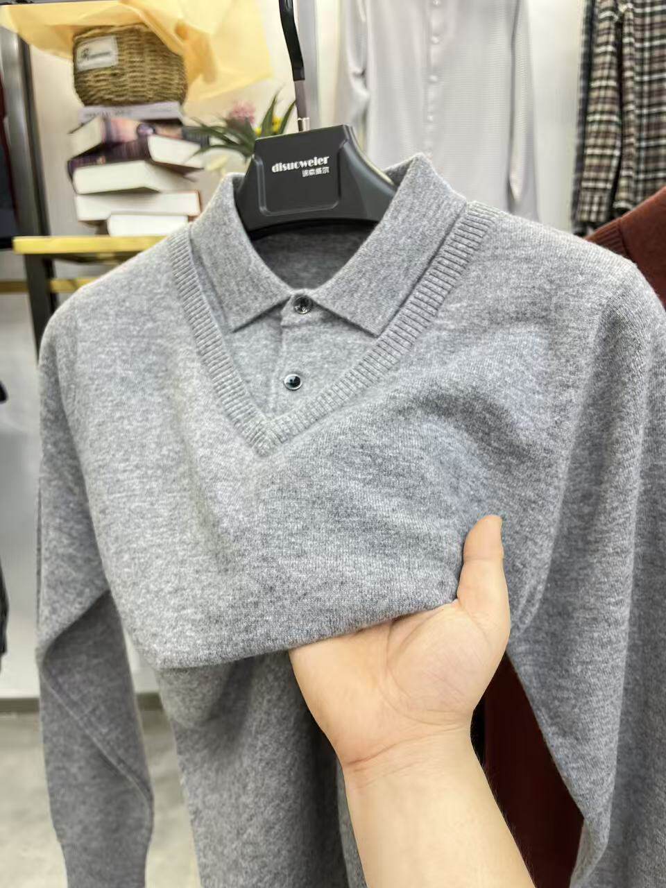 高端秋冬季羊毛衫翻领男士领时尚假两件套长袖T恤毛衣针织打底衫