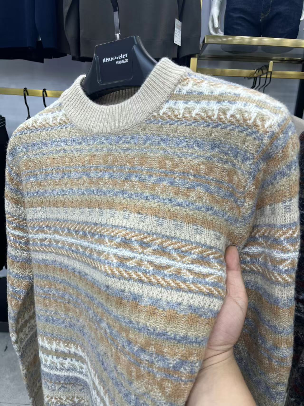 秋冬季新款圆领双股加厚纯羊毛衫男士针织毛衣宽松休闲保暖羊毛衫