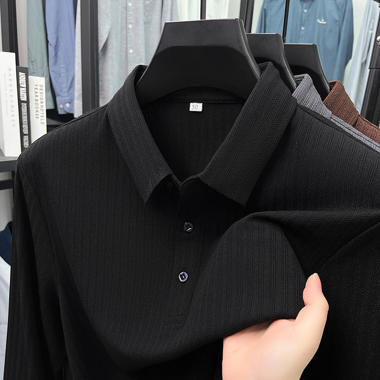 2025新款高档针织长袖T恤中青年男士商务休闲翻领POLO衫打底上衣