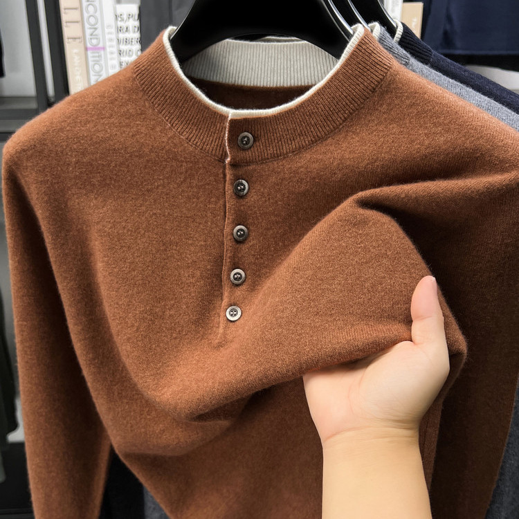 秋冬新款男士100%纯羊毛衫半高开领加厚宽松套头休闲百搭针织衫潮