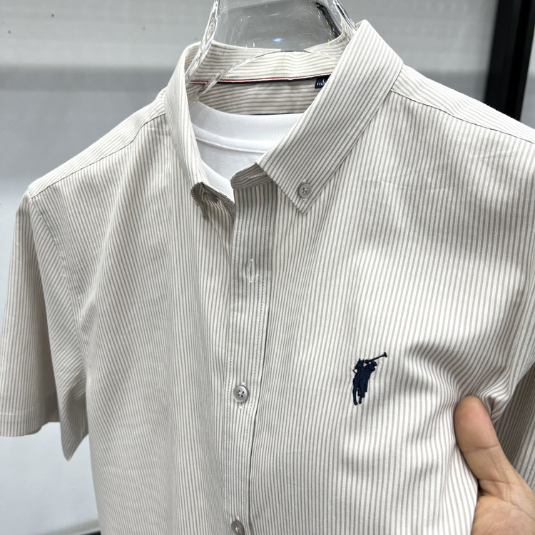 2025新款纯棉短袖百搭衬衫男士细条纹夏季新款刺绣小马标衬衣潮流
