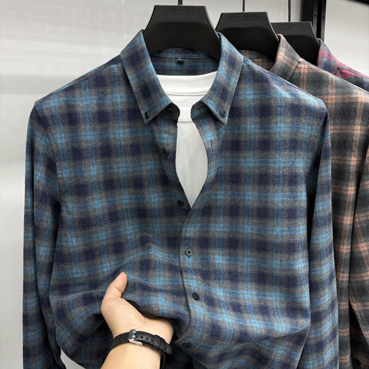2025秋冬厚款纯棉磨毛格子衬衫男士高级感休闲中青年全棉长袖衬衣