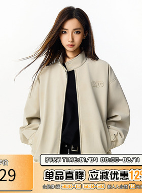 RIC美式PU肌理感立领夹克男2025秋季新款 潮牌宽松情侣男生外套女