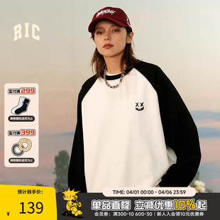 T恤男潮牌宽松情侣装 上衣T恤女 2025春秋撕裂笑脸撞色插肩长袖 RIC