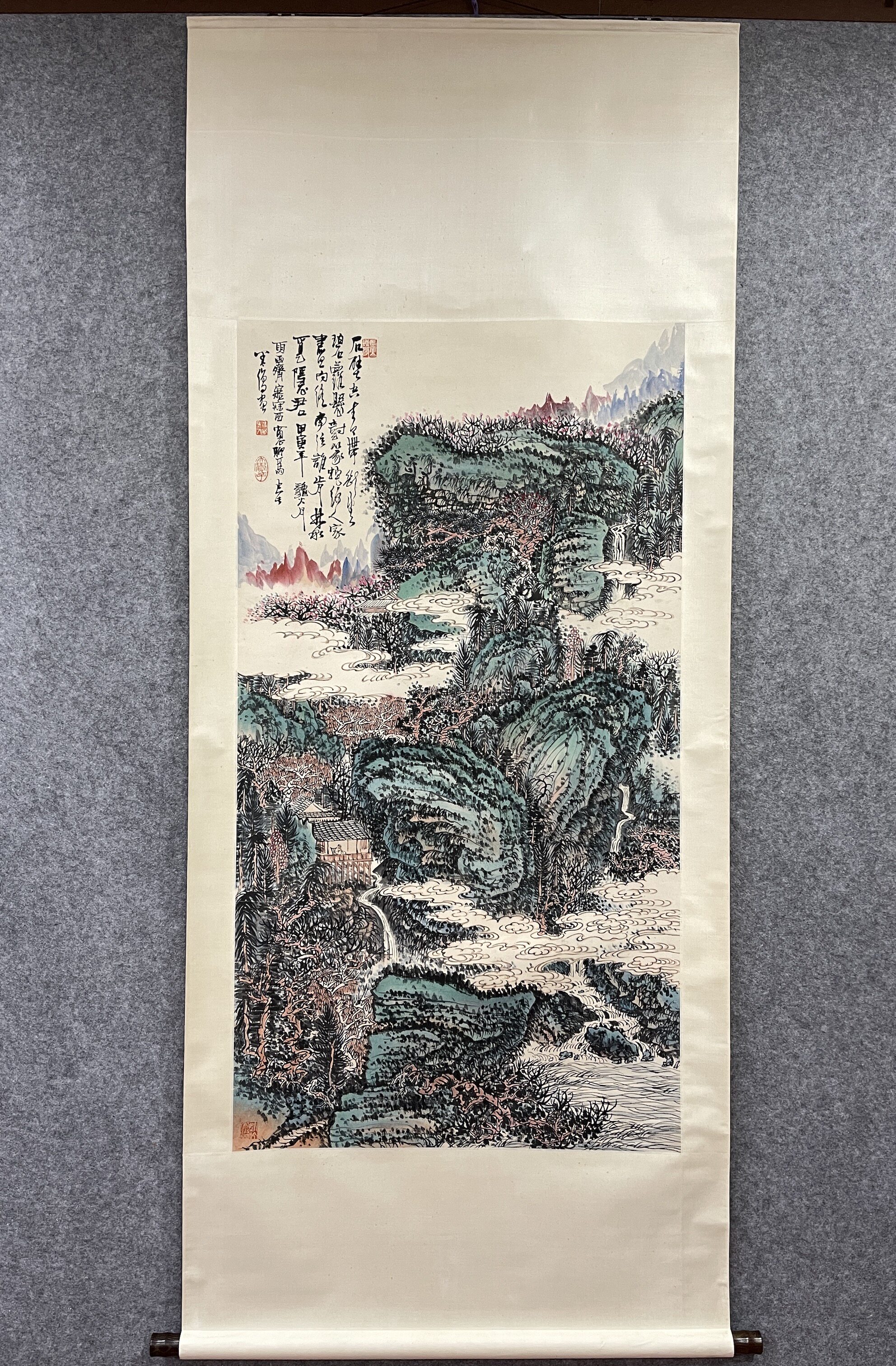 黄秋园 青绿山水图 中堂立轴 纯手绘国画书法字画