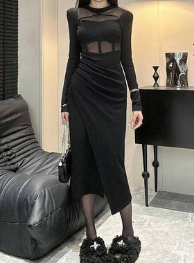 202春季臀新款黑色辣妹性4感包ltao1000裙网纱拼接裙镂空纯欲风连