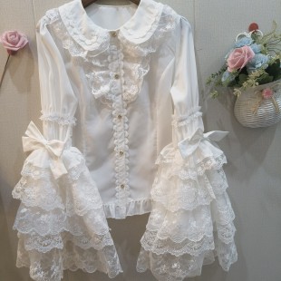 楠有三石原创衬衣洛丽塔内搭姬袖 洛丽塔衬衣 棉质透气蕾丝衬衣修身
