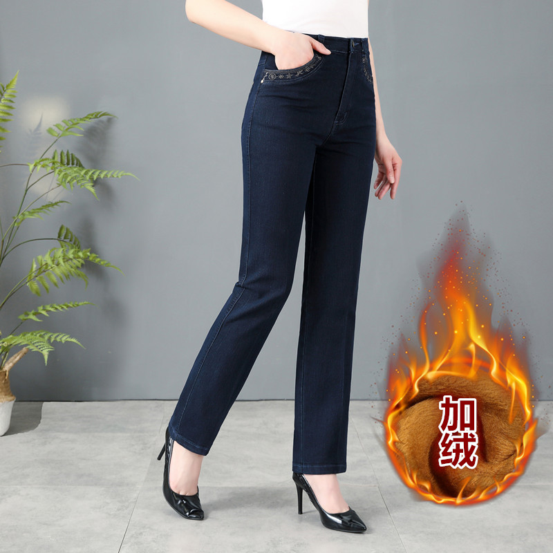 高腰宽松直筒牛仔裤女秋冬新款中老年妈妈裤显瘦大码加绒中年女裤