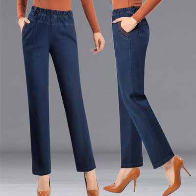中年牛仔裤女妈妈弹力高腰直筒裤