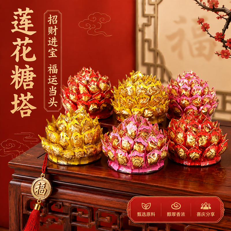 发财金花生莲花糖塔潮汕闽南供佛供观音拜拜巧克力旺来糖果塔