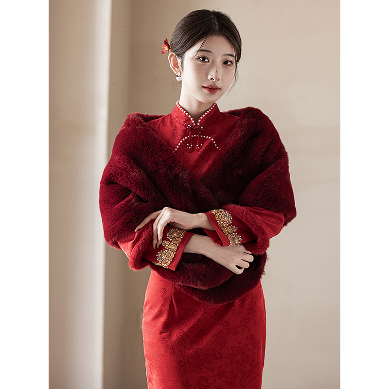 旗袍披肩女冬季斗篷毛绒婚礼新娘