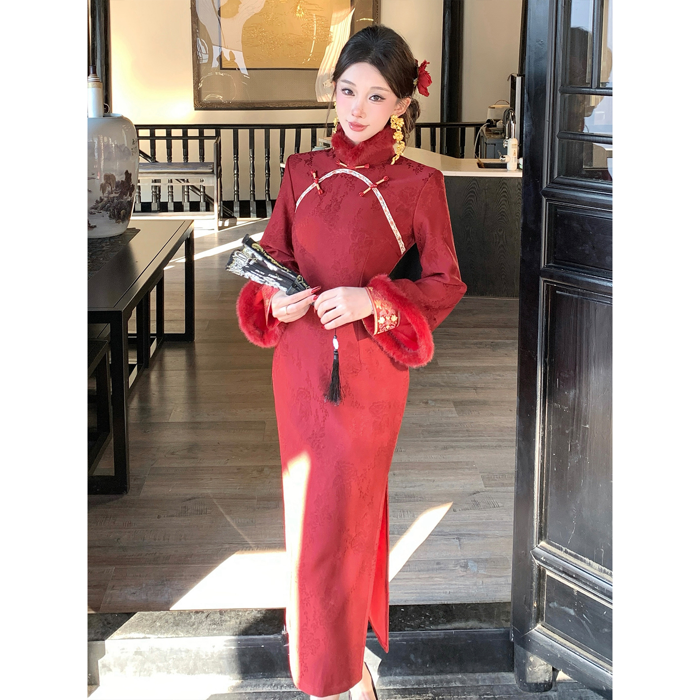 冬季红色旗袍敬酒服领证订婚礼服