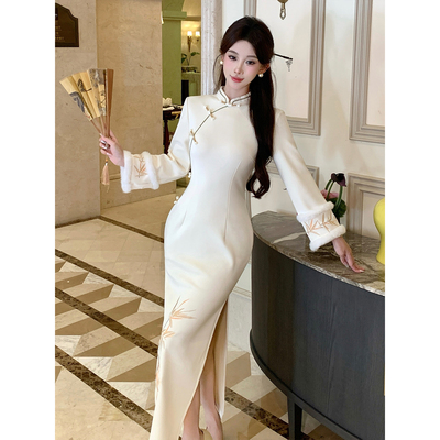 长袖旗袍白色女新中式高端刺绣冬