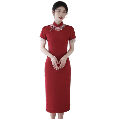 红色旗袍复古民国风钉珠新娘订婚