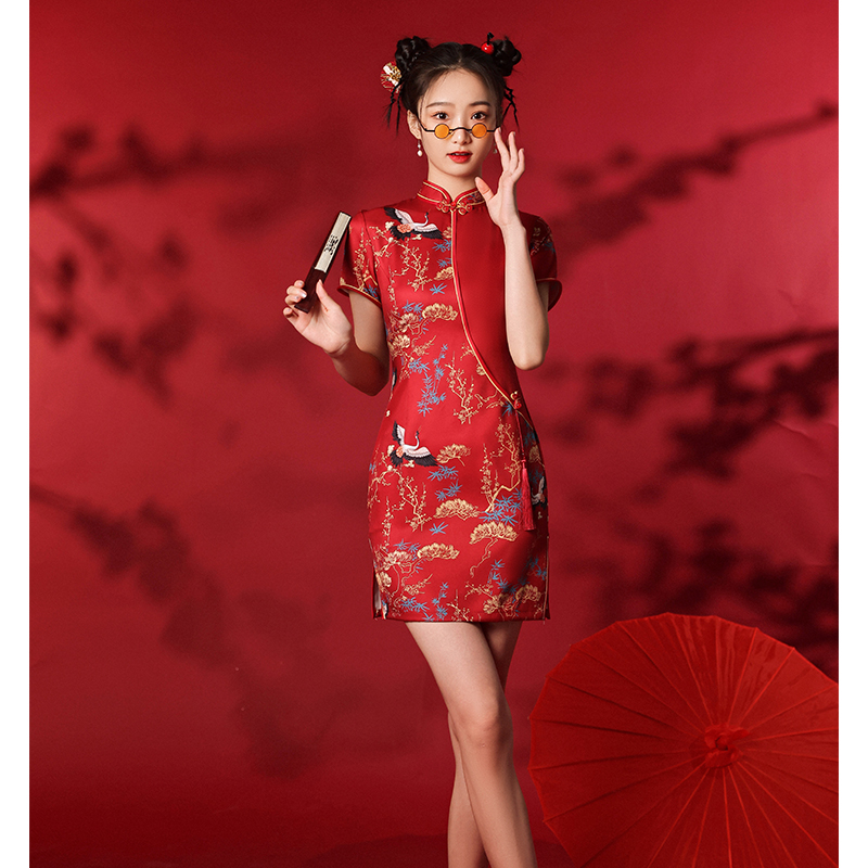 红色国潮旗袍2022年新款夏季年轻款少女改良中国风炸街短款小个子