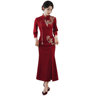 红色旗袍敬酒服新娘2025新款改良新中式蕾丝刺绣结婚订婚礼服鱼尾