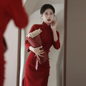 红色旗袍敬酒服秋冬蕾丝订婚礼服连衣裙新中式新娘结婚小个子冬季