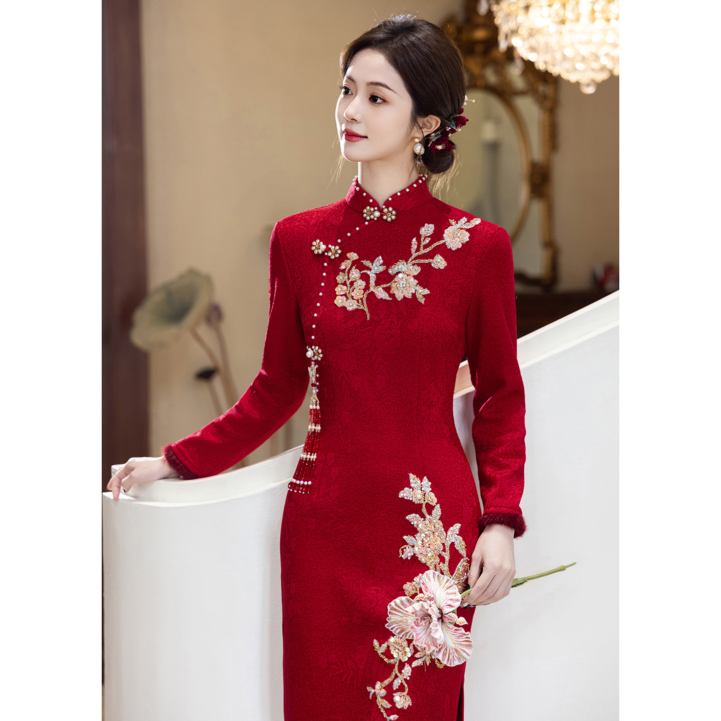 红色旗袍敬酒服新娘重工刺绣加厚