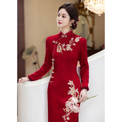 红色旗袍敬酒服新娘重工刺绣加厚
