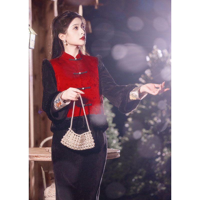 红色旗袍马甲套装敬酒服新年战袍