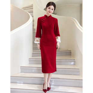 红色旗袍敬酒服新娘冬装 婚服加绒加厚回门订婚礼服平时可穿 新中式