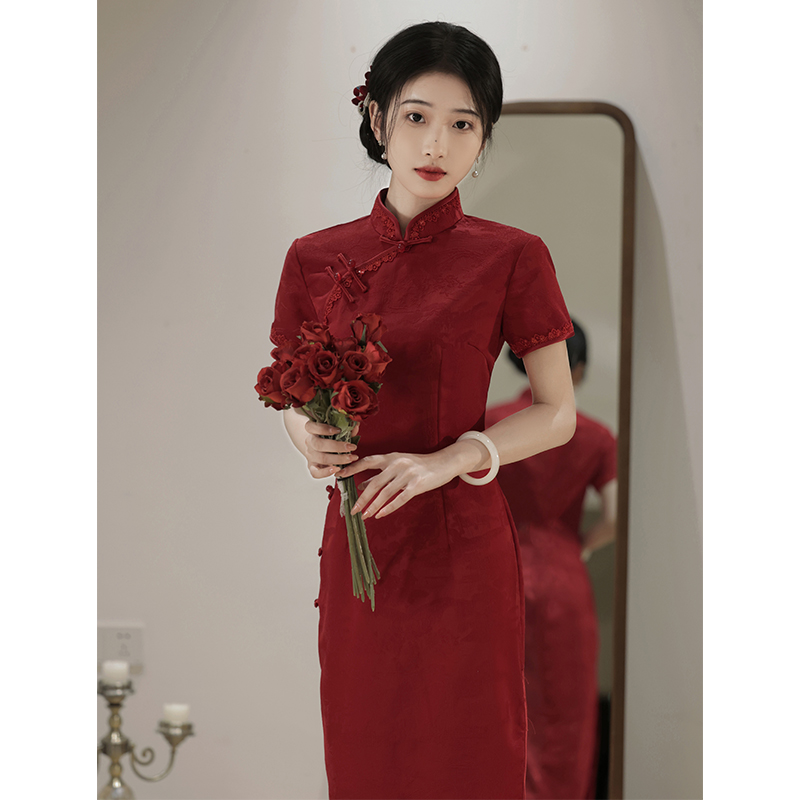 酒红色长款改良旗袍裙女新款