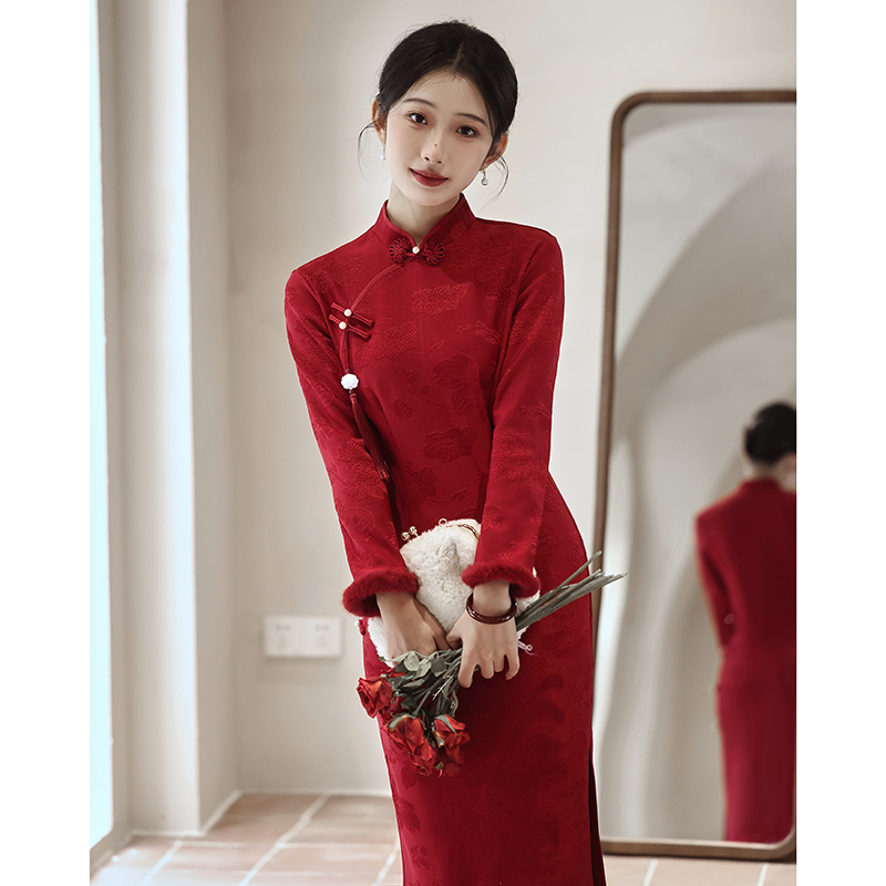 红色提花长款复古旗袍裙女