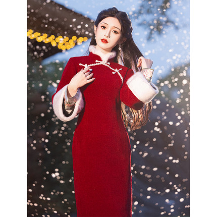 红色旗袍敬酒服冬季加绒加厚订婚礼服拜年服新年过年战袍女新中式