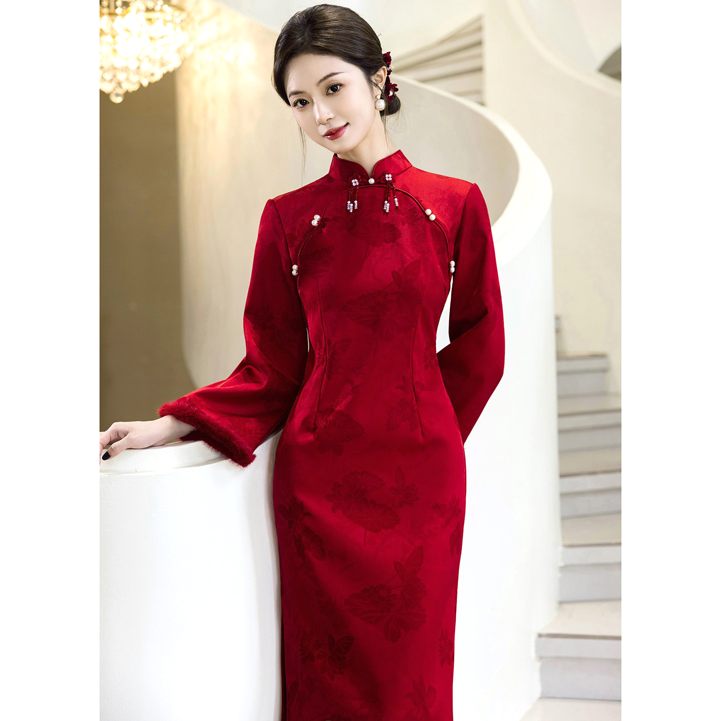 红色订婚旗袍新中式婚服冬季加厚