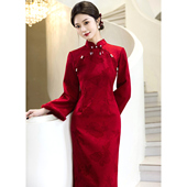 红色旗袍敬酒服冬装 新娘结婚订婚礼服裙 加绒加厚倒大袖 新中式 冬季