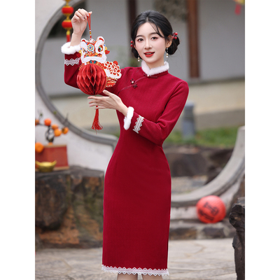 红色订婚旗袍过年拜年服小个子冬