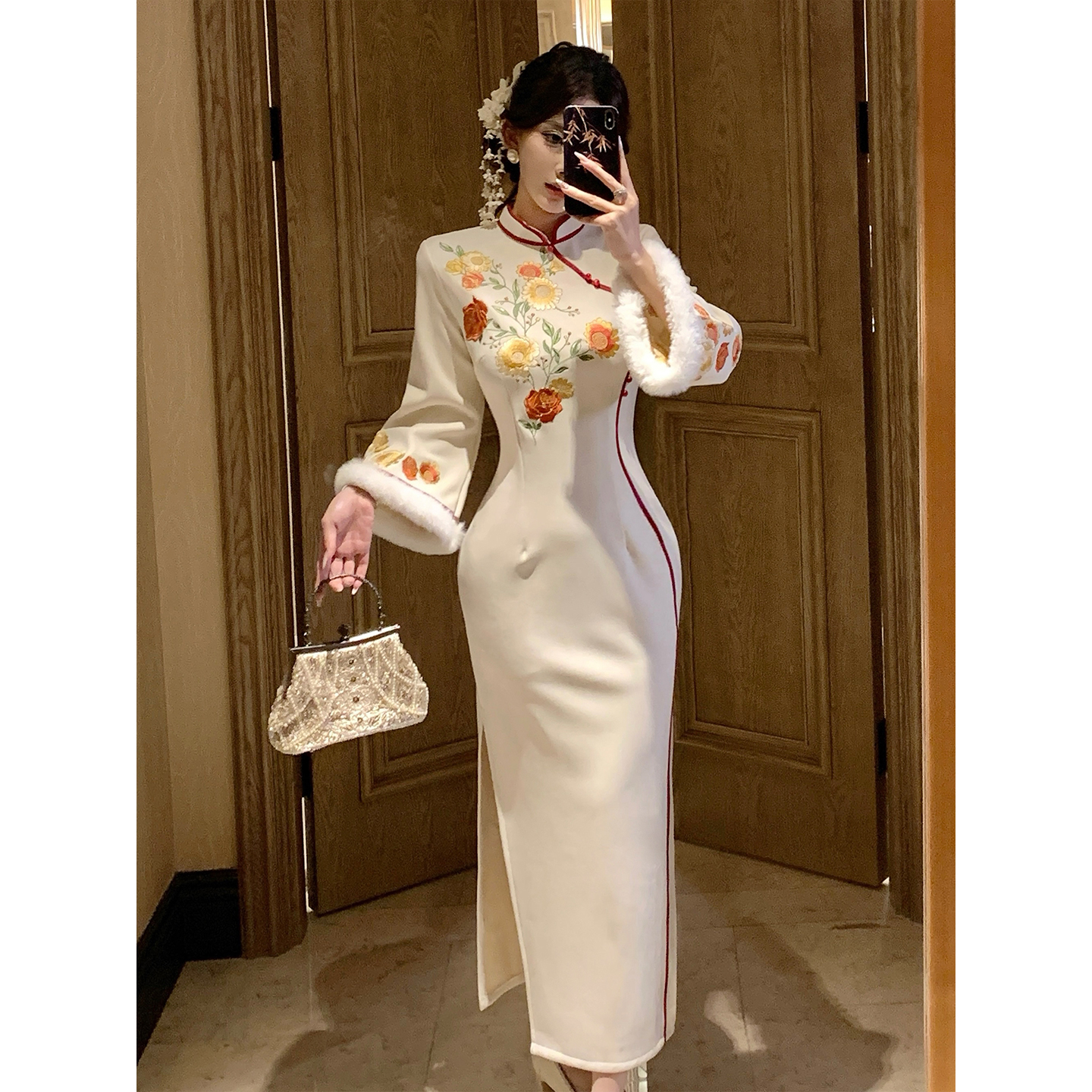 白色旗袍女新中式秋冬季倒大袖