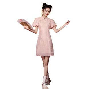 粉色绝美旗袍2025新款夏季年轻款少女小个子短款改良版日常新中式