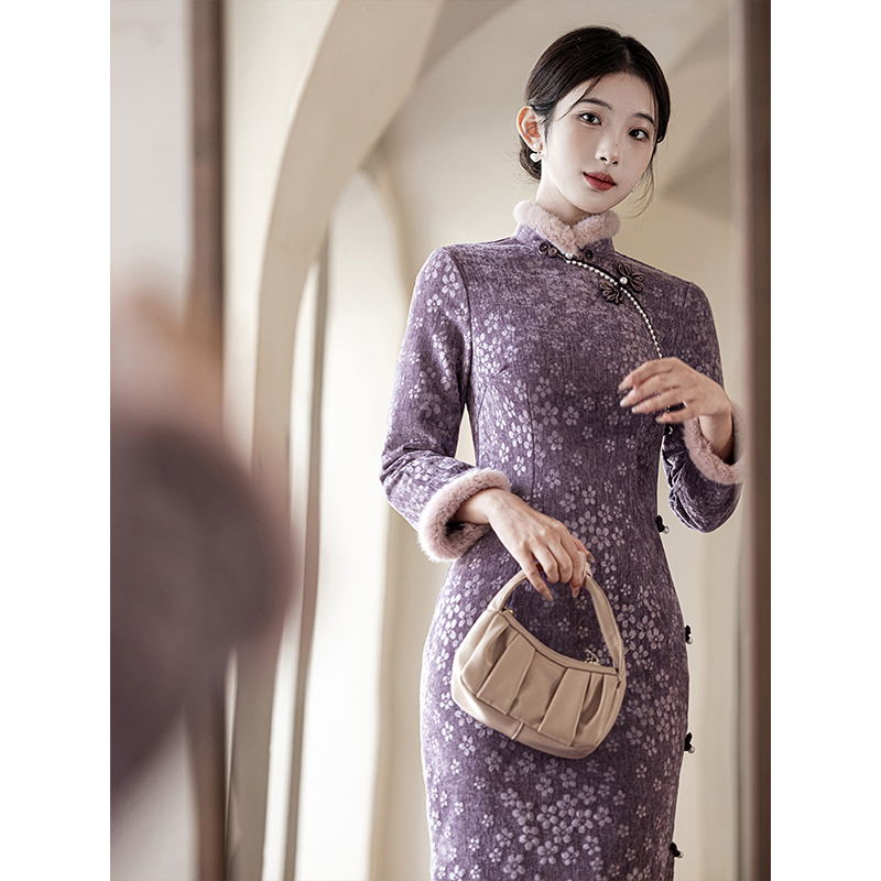 紫色旗袍秋冬季年轻款高端气质