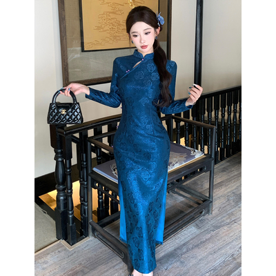 蓝色长袖旗袍女新中式日常可穿