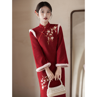 红色旗袍敬酒服新娘冬季 刺绣结婚斗篷披肩订婚礼服 加绒加厚新中式