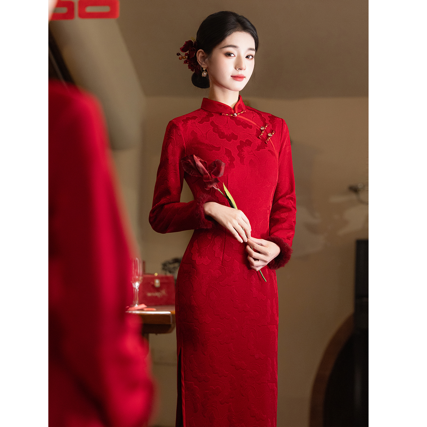 新中式红色长袖旗袍女2025新款敬酒服新娘订婚礼服日常可穿冬季款